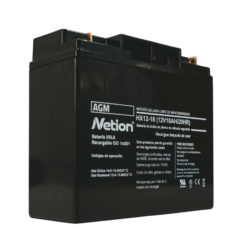 Batería AGM sellada plomo-ácido 12V 18Ah Netion de 18 Ah, vista frontal
