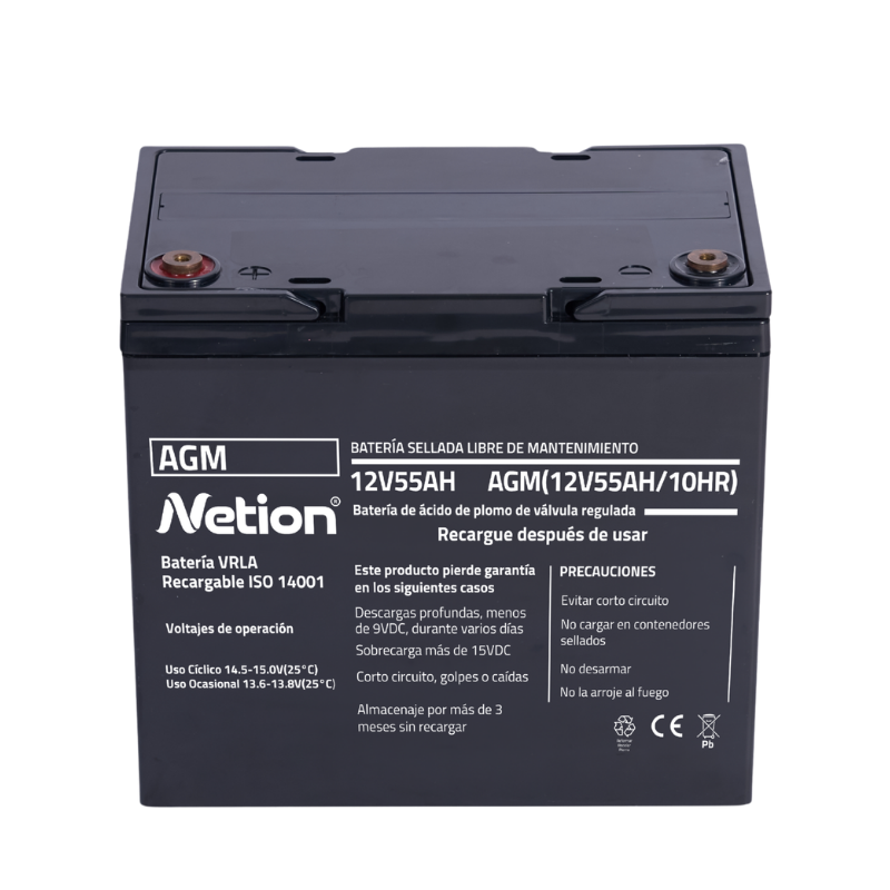 Batería AGM sellada plomo-ácido 12V 55Ah Netion de 55 Ah, vista frontal