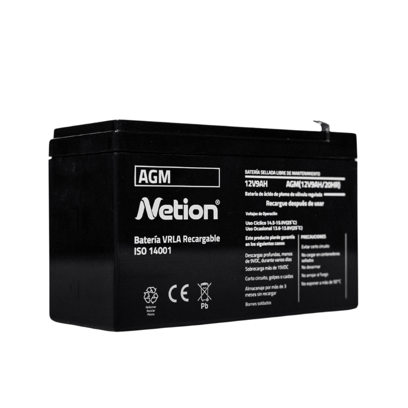 Batería AGM sellada plomo-ácido 12V 9Ah Netion de 9 Ah, vista frontal