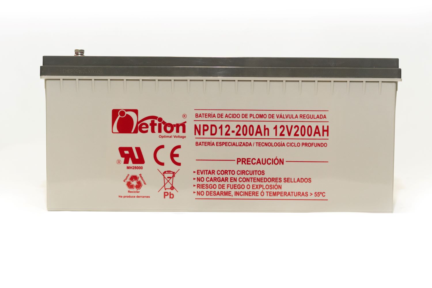 Batería Ciclo profundo AGM 12V 200Ah Netion de 200 Ah, vista frontal