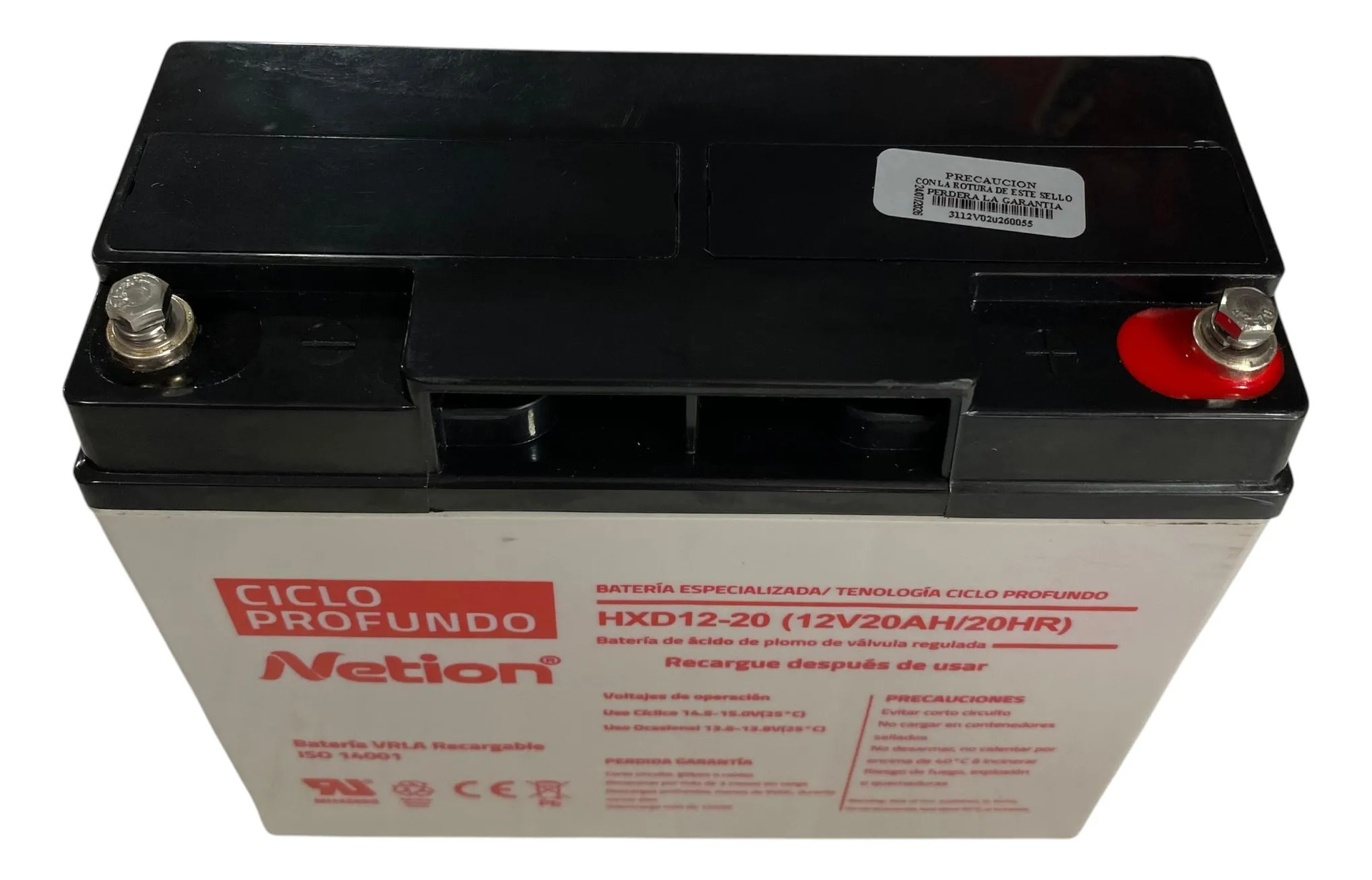 Batería Ciclo profundo AGM 12V 20Ah Netion de 20 Ah, vista lateral