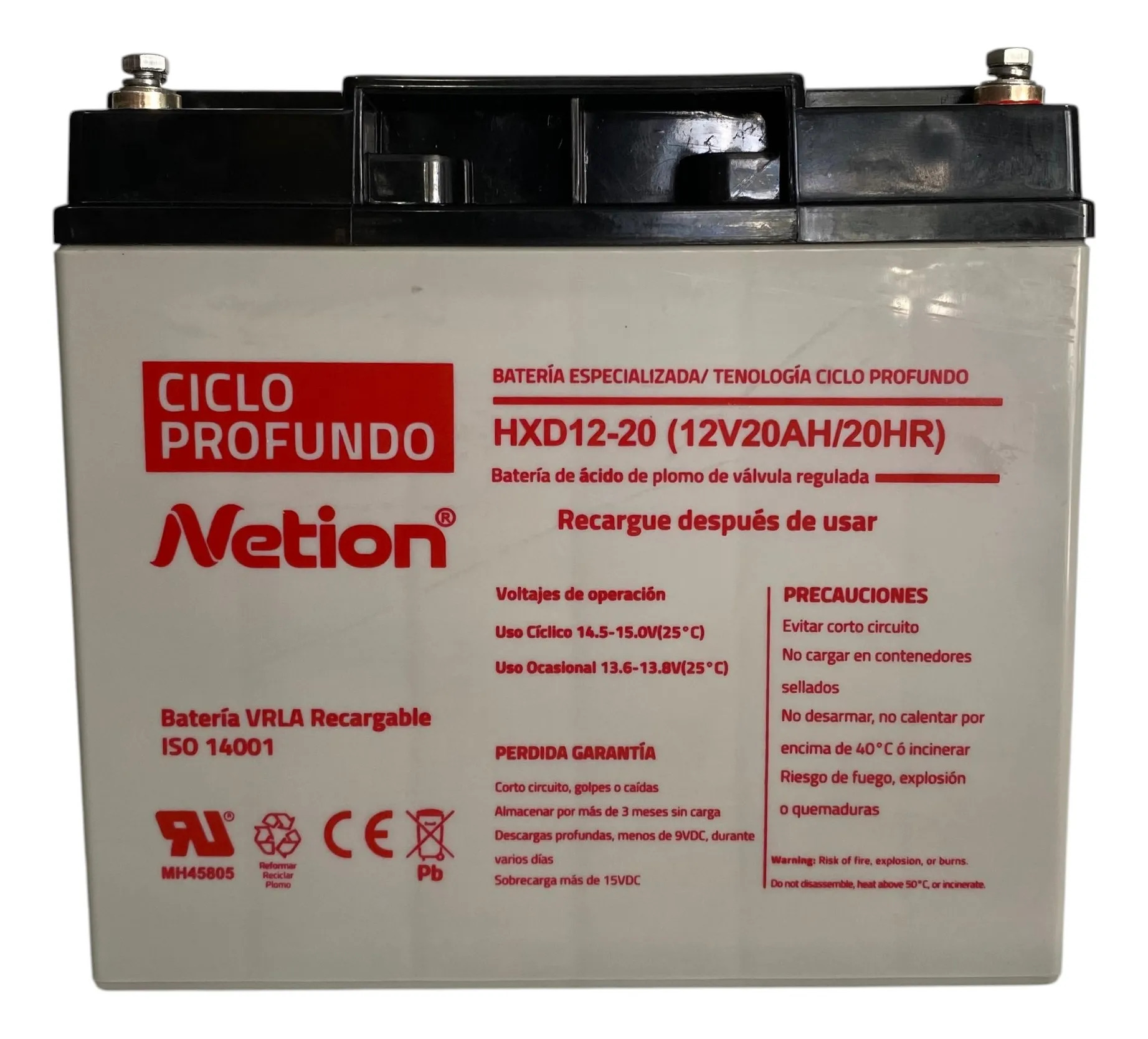 Batería Ciclo profundo AGM 12V 20Ah Netion de 20 Ah, vista posterior
