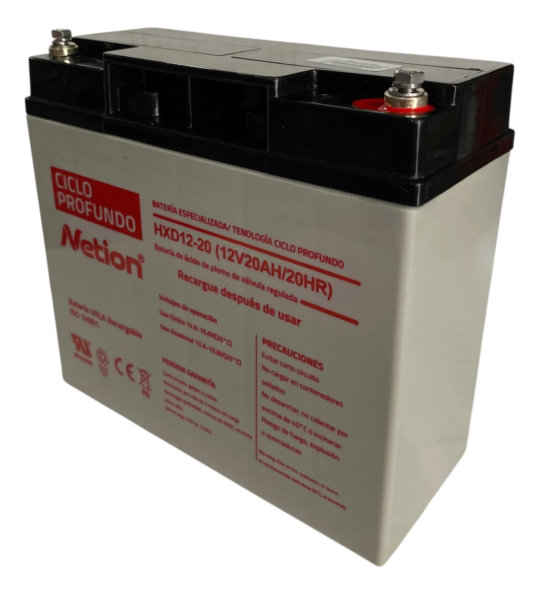 Batería Ciclo profundo AGM 12V 20Ah Netion de 20 Ah, vista frontal