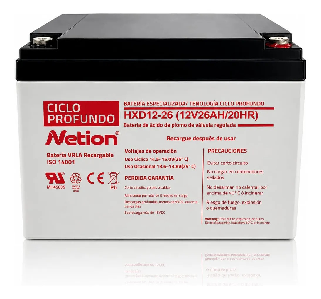 Batería Ciclo profundo AGM 12V 26Ah Netion de 26 Ah, vista lateral