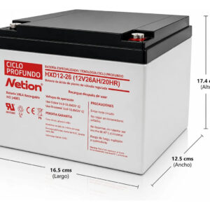 Batería Ciclo profundo AGM 12V 26Ah Netion de 26 Ah, vista frontal