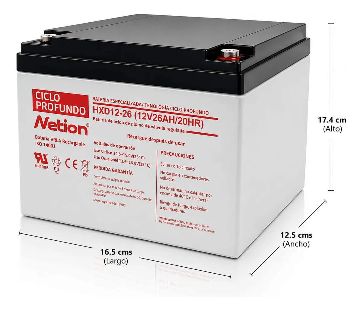 Batería Ciclo profundo AGM 12V 26Ah Netion de 26 Ah, vista frontal