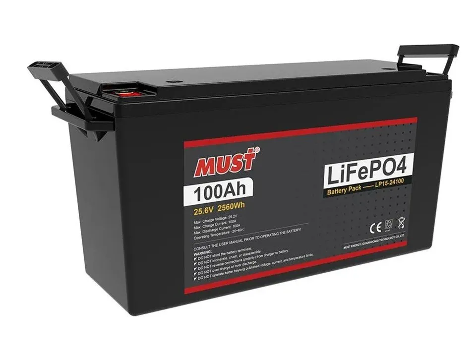 Batería de litio LiFePO4 100Ah 25.6V Must de 100 Ah, vista frontal