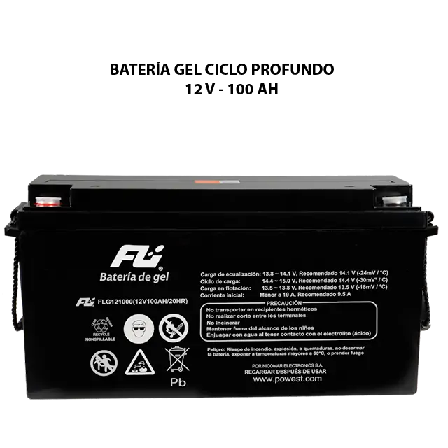 Batería GEL ciclo profundo 12V 100Ah Powest / Fulibattery de 100 Ah, vista lateral