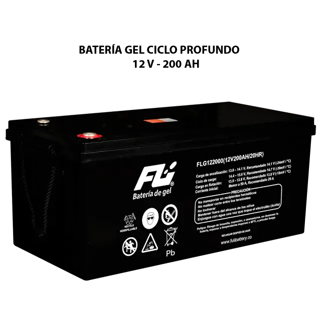 Batería GEL ciclo profundo 12V 200Ah Powest / Fulibattery de 200 Ah, vista lateral