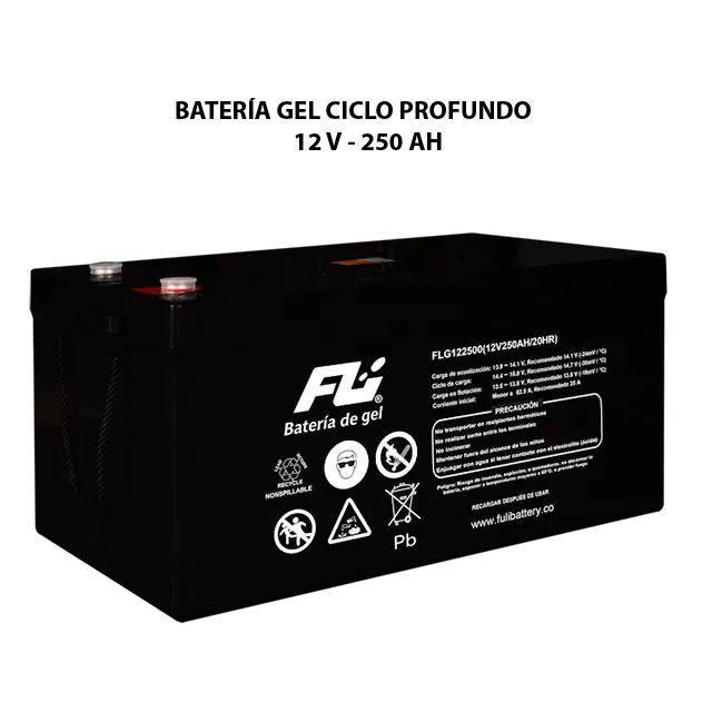 Batería GEL ciclo profundo 12V 250Ah Powest / Fulibattery de 250 Ah, vista lateral
