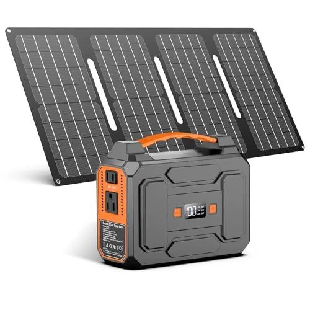 Estaciones de energía portátiles y paneles solares plegables, vista frontal