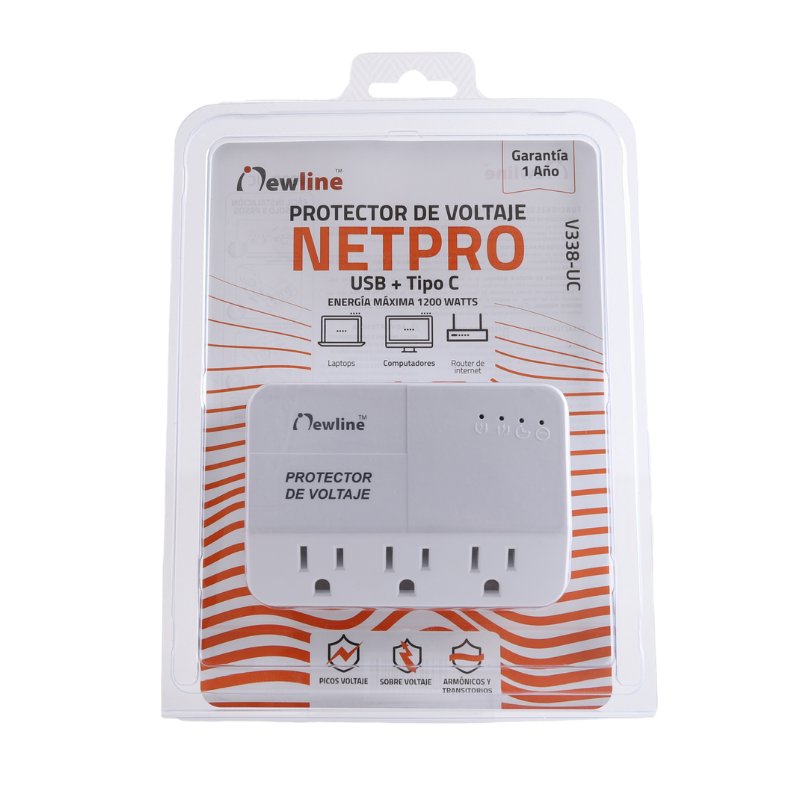 Protector de voltaje NETPRO 120V USB + Tipo C Netion, vista posterior